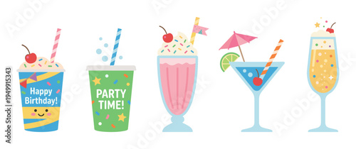 Colorful set of five festive drinks for a party celebration, including milkshakes, cocktails, and juices with cute decorations like cherries, straws, and umbrellas in a flat vector style