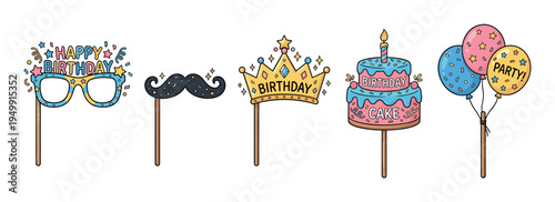 Five illustrated birthday party photo booth props on sticks featuring festive glasses, a mustache, a golden crown, a tiered cake, and colorful balloons in a playful doodle style
