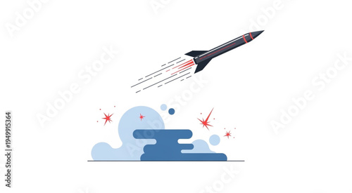 Rocket Launching into Space with Clouds and Stars Illustration.