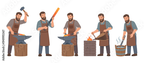 Blacksmith character illustration set showing the metalworking process of forging, including hammering hot iron on an anvil, using bellows, and cooling the metal in water