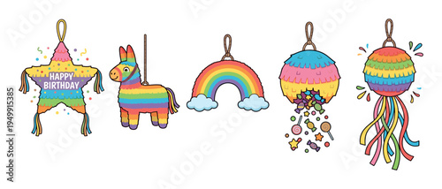 Colorful collection of festive party piñatas in a fun cartoon style, including a burro, a birthday star, a rainbow, and one spilling out assorted candy and sweets