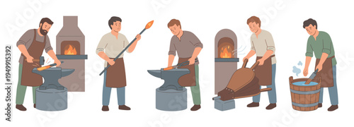 Set of blacksmithing process illustrations showing a craftsman forging metal, from heating in a furnace to hammering on an anvil and quenching in water, in a flat cartoon style
