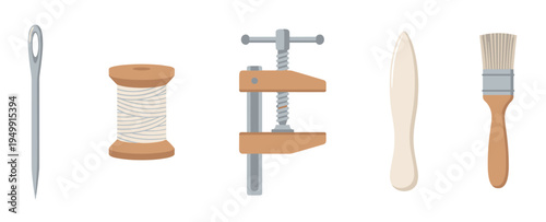 Set of bookbinding and leatherworking tools including a needle, thread, clamp, bone folder, and brush in a flat vector illustration style for crafting projects