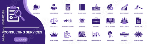 Consulting Services icon set. Containing business deal, legal scale, growth chart, office bag, team network, search report, online learning and more. Solid vector icons collection.