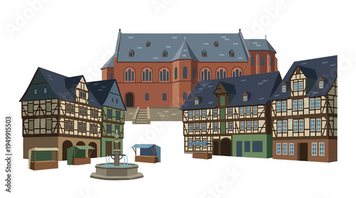 A serene daytime scene of half-timbered houses and a large red building surrounds a fountain.