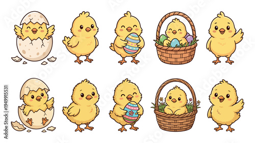 Cute collection of cartoon Easter chicks in various poses, including hatching from an egg, holding a decorated egg, and sitting in a wicker basket for a spring holiday celebration