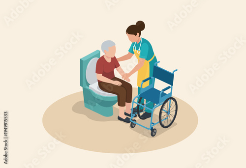 Flat vector illustration of a caring medical professional pushing an elderly patient in a wheelchair, representing healthcare and rehabilitation support.