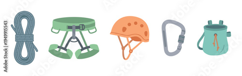 Set of essential rock climbing equipment featuring a coiled rope, safety harness, helmet, carabiner, and chalk bag is arranged horizontally in a simple, stylized vector illustration