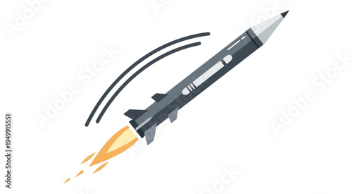 Illustration of a missile launch with fire and smoke trails.