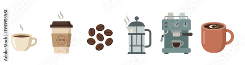 Charming collection of coffee making equipment and beverage icons, including an espresso machine, french press, roasted beans, and steaming mugs in a modern flat style
