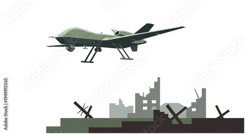 Military Drone Flying Over War-Torn Cityscape.