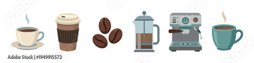 Collection of coffee making icons and beverages including an espresso machine, french press, beans, and steaming mugs in a flat illustration style for a cafe or coffee shop theme