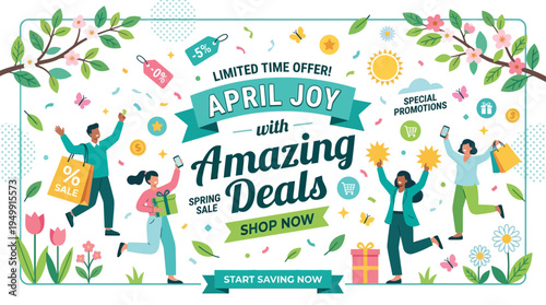 Spring Sale Advertisement Featuring Joyful People and Amazing Deals