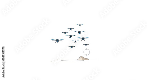 A swarm of drones flying over a sandy beach with a ring.