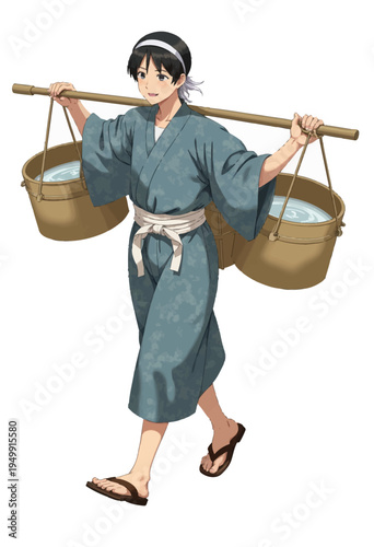 Flat vector illustration of a traditional Asian farmer or rural worker carrying heavy wooden buckets on a shoulder pole across a scenic landscape.