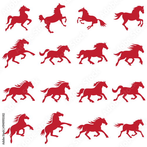 Running Horses icon Chinese Calligraphy design. Collection of black horse silhouettes in dynamic poses, ideal for logos, branding, tattoos, and equestrian or western themed designs.