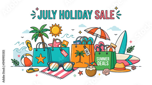 July Holiday Sale Banner with Summer Items