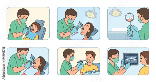 Six cartoon illustrations of dental clinic procedures showing a dentist examining patients, using a drill, holding a mirror, and reviewing a teeth x-ray in a simple line art style