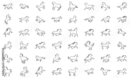 Running Horses icon Chinese Calligraphy design. Collection of black horse silhouettes in dynamic poses, ideal for logos, branding, tattoos, and equestrian or western themed designs.