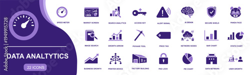 Data Analytics icon set. Containing speed meter, market screen, search analytics, AI brain, secure shield, pie chart, business growth, network nodes and more. Solid vector icons collection.