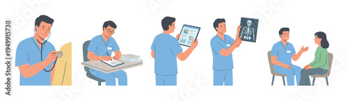 Set of medical professional character illustrations depicting a male doctor examining a patient, writing notes, checking a tablet, analyzing an x-ray, and giving a consultation