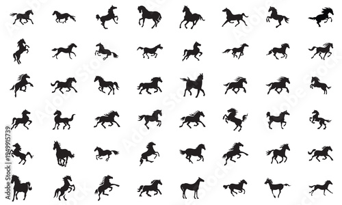 Running Horses icon Chinese Calligraphy design. Collection of black horse silhouettes in dynamic poses, ideal for logos, branding, tattoos, and equestrian or western themed designs.