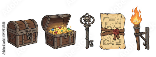 Collection of cartoon adventure game assets featuring a wooden treasure chest full of gold coins, a medieval skeleton key, a secret map, and a burning wall torch