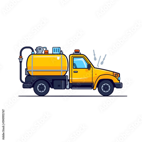 A yellow truck with a water tank.