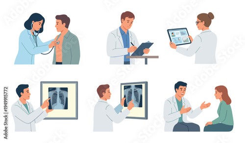 Medical illustrations set showing doctors examining patients, analyzing chest x-rays, writing on a clipboard, and consulting about health issues in a modern flat vector style