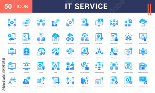 IT Service Icon Set. itsm process, service desk, incident, problem management, change request and more. Glyph Gradient Style vector icons collection.