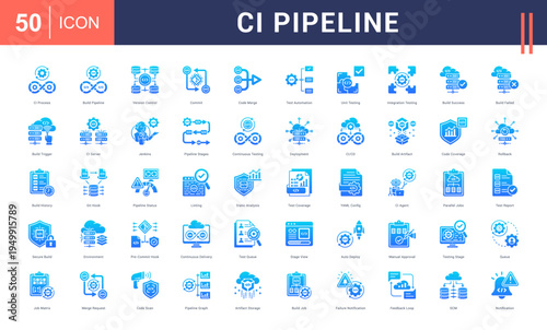 CI Pipeline Icon Set. ci process, build pipeline, version control, commit, code merge and more. Glyph Gradient Style vector icons collection.