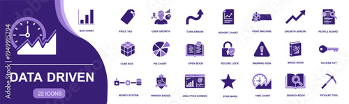 Data driven icon set. Containing bar chart, report chart, pie chart, growth arrow, analytics screen, time chart, secure lock, access key and more. Solid fill vector icons collection.
