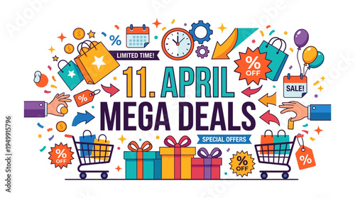 April Mega Deals Banner with Shopping Elements