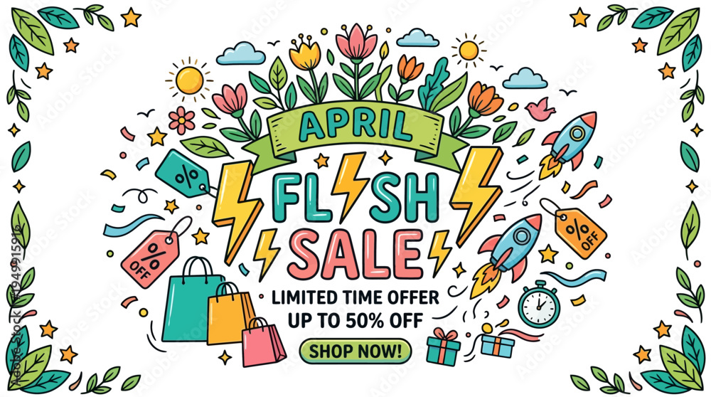 Obraz premium April Flash Sale Banner with Floral Elements