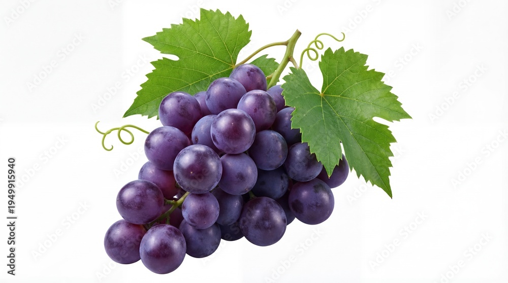 Fototapeta premium A cluster of purple grapes with green leaves on a white background