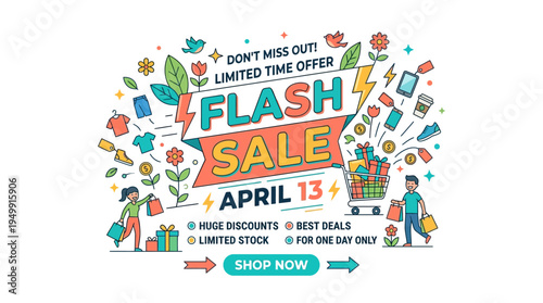 Flash Sale Promotional Banner with Shopping Elements