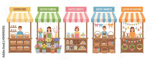 Set of five colorful Easter market stalls with friendly vendors selling traditional holiday goods like decorated eggs, spring flowers, sweets, baskets, and festive decorations