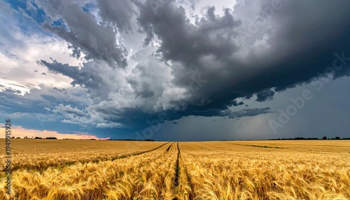 Vast golden field beneath a dramatic stormy sky, rain falling afar