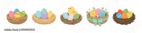 Collection of colorful illustrated Easter eggs in woven nests with a cute chick, flowers, and ribbon decorations in a charming flat cartoon style for a festive spring holiday
