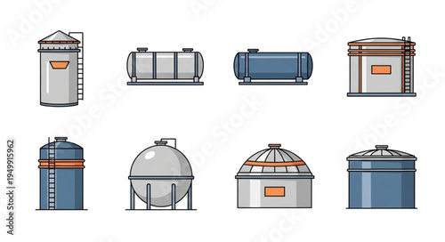 Collection of Industrial Storage Tanks - Diverse Designs for Liquid and Gas Containment.