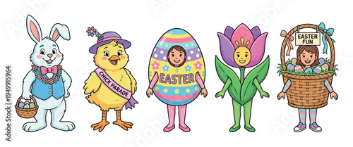 Five adorable cartoon Easter parade characters featuring a bunny with an egg basket, a chick in a hat, and children dressed in festive egg, tulip, and basket costumes