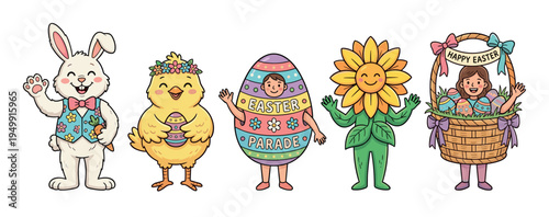 Five cute cartoon Easter parade characters including a bunny, chick, egg, sunflower, and basket waving happily in a charming hand-drawn illustration style for a spring celebration