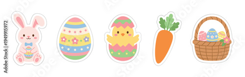 Cute set of Easter holiday stickers featuring a pink bunny, hatching chick, decorated eggs, a carrot, and a basket in a charming pastel cartoon vector illustration style