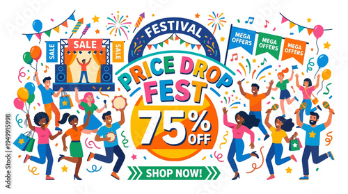 Price Drop Fest Advertisement with Happy Crowd