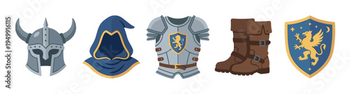 Collection of medieval fantasy armor items including a horned helmet, blue hood, knight's plate armor, leather boots, and a heraldic shield in a flat cartoon vector style