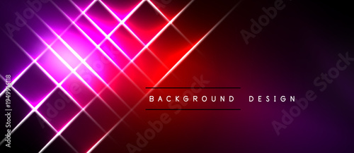 Abstract neon lights create dynamic red, purple gradients. Geometric lines intersect, forming modern background design. Minimalist text present.
