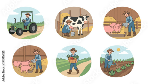 Collection of six cartoon illustrations showing a farmer's daily routine, including driving a tractor, milking a cow, feeding pigs, and tending to crops in a rural setting
