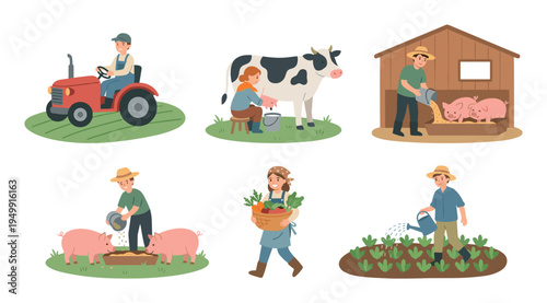 Set of farming and agriculture illustrations showing farmers working with livestock and crops, including milking a cow, feeding pigs, driving a tractor, and gardening