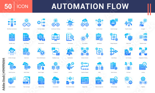 Automation Flow Icon Set. workflow automation, build pipeline, test automation, continuous testing, deployment and more. Glyph Gradient Style vector icons collection.