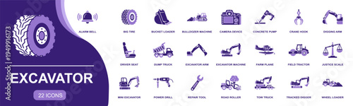 Excavator icon set. Containing bucket loader, bulldozer machine, dump truck, excavator arm, mini excavator, power drill, road roller, wheel loader and more. Solid vector icons collection.